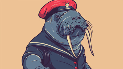 Cute walrus sailor shirt with red hat cartoon