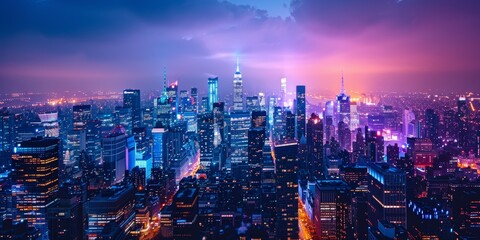Fototapeta premium A vibrant city skyline at night, illuminated with skyscrapers and street lights