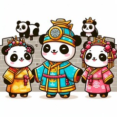 Fototapeta premium The panda characters are smiling and appear to be posing for a picture