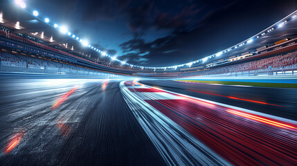 Dramatic Night Scene at Race Track with Spectators Under Sports Lights