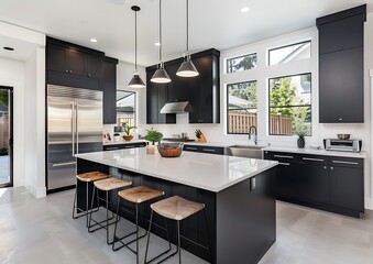 Modern kitchen with black cabinets, stainless steel appliances and bar stools