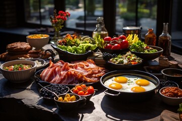 Obraz premium A brunch spread with a variety of dishes, including eggs, bacon, pastries, and fresh fruit