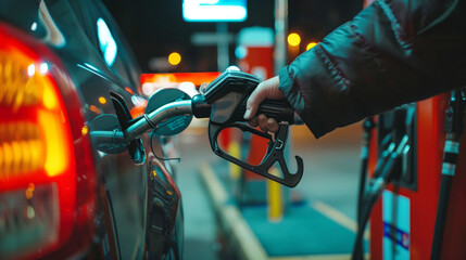 Hand holding a fuel nozzle while refueling a car at a gas station during nighttime. The background is lit with blurred lights and other fuel pumps.