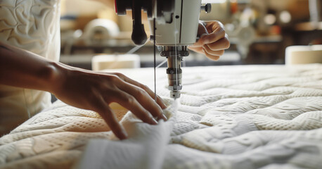 Close-up of hands operating an industrial sewing machine, stitching intricate quilted fabric in a workshop setting, highlighting craftsmanship and textile manufacturing.
