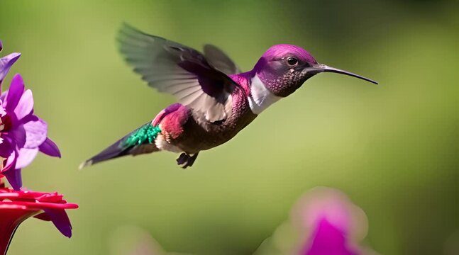 Slow Motion Extreme Close-Up of a Crimson Topaz Gorget Hummingbird Hovering in Mesmerizing Detail