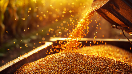 Golden grains of wheat are being poured from a container into a truck, illuminated by warm, golden sunlight, creating a rustic and bountiful harvest scene.