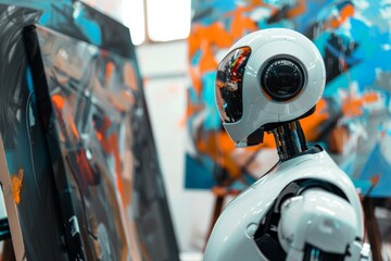 Robot with a camera head creating an abstract painting on canvas in a vibrant art studio
