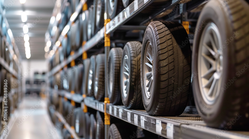 Poster A row of tires on metal shelves in a well-lit warehouse, showcasing an organized and well-maintained automotive storage setting.