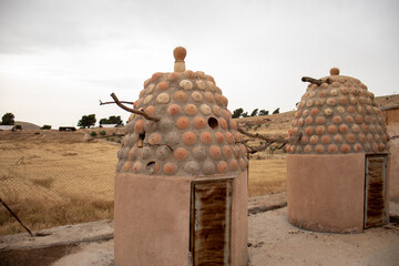 Rustic bee hives made of mud, in modern days it is supported with cement for birds to live in with...