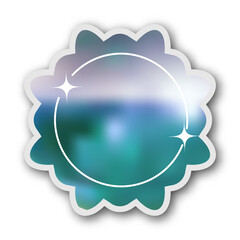 Vibrant light blue flower-shaped sticker with sparkles and gradient effects, 3d illustration