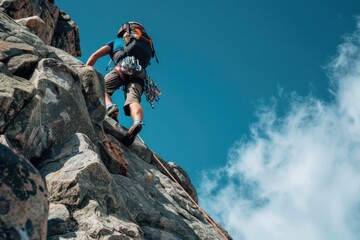 Obraz premium Adventure seeker climbing a rugged mountain with a backpack and rope in hand, journeying towards the summit