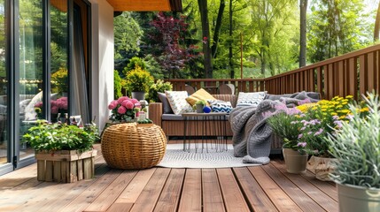 Cozy stylish terrace with outdoor furniture and green plants for relaxing area at home backyard