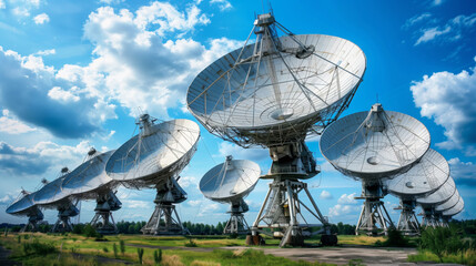 Obraz premium A row of large satellite dishes in an open field, under a partly cloudy sky. These antennas are used for communication and astronomical observations.