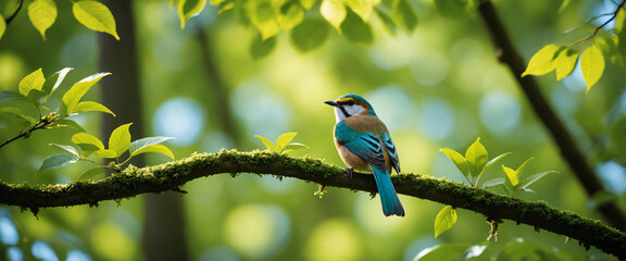 Naklejka premium 小鳥 木々 空 葉 背景画像 Generative AI