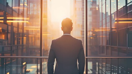 A silhouette of a businessman standing in front of a window, looking out into the cityscape. - Powered by Adobe