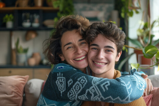 Mother of middle age spend time with teenager son at home