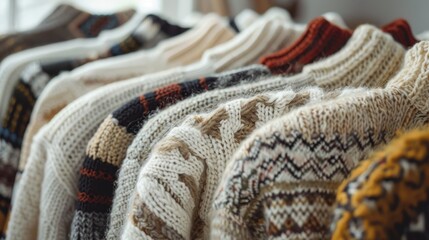 A row of sweaters are hanging on a rack, with some being striped