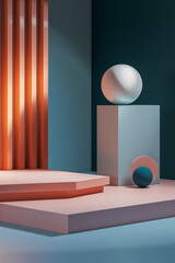 Minimal product display, podium, contrast of orange, pink and blue, circular object and  Square, minimal decoration, geometric elements
