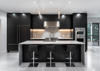 Modern kitchen with black cabinets, stainless steel appliances and white walls, gray floor, island bar counter in the middle of the room with two silver and chrome stools