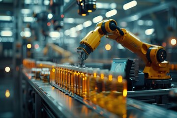 A robotic arm working in an automated factory, assembling hightech products