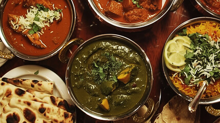 A variety of Indian dishes are displayed, including curry, rice, naan, and saag in metal bowls. The dishes are garnished with fresh herbs, lemon slices, and spices.