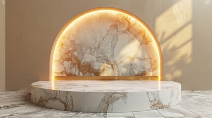 Gold marble display podium for luxury product advertising on a beautiful beige background