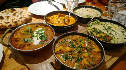 A variety of Indian dishes served on a wooden table, including curries, rice, and naan bread. The dishes are garnished with fresh coriander and look flavorful and aromatic.