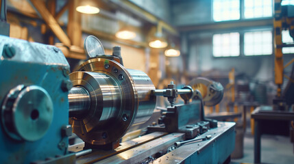 Close-up of a metalworking lathe machine in operation in an industrial workshop, with focus on the rotating metal part and machine components. - Powered by Adobe