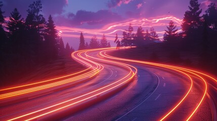 A retrofuturistic highway with glowing light trails, blending midcentury modern design with futuristic technology