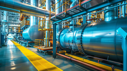 Modern industrial facility with large metallic machinery, yellow safety walkways, and complex piping systems, showcasing advanced manufacturing technology.