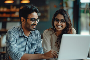 Young indian man and woman who corporate employee using laptop and discussing at office