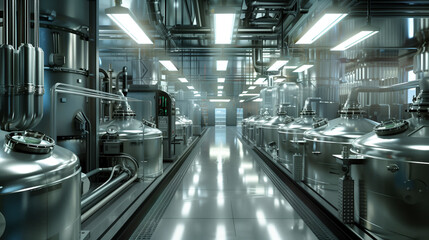 A high-tech industrial facility interior featuring rows of large stainless steel tanks, pipes, and modern lighting, representing advanced manufacturing or processing equipment.