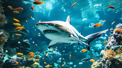 A large shark swimming in a vibrant underwater scene with colorful fish and coral reefs. The shark is the central focus, surrounded by smaller fish in a clear blue ocean.