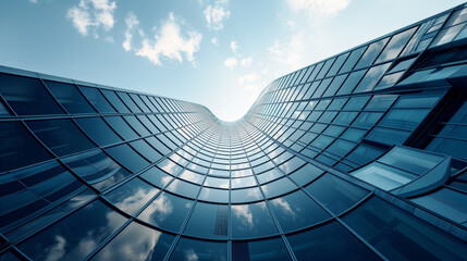 Dynamic low-angle view of a modern, curved glass skyscraper with reflective windows against a blue sky and scattered clouds, showcasing innovative architectural design.