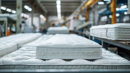 Image of white mattresses being manufactured in a factory setting, showcasing the production line with multiple mattresses in various stages of completion.