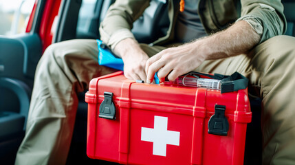 A person sitting in a vehicle while handling a red first aid kit with a white cross, likely preparing for an emergency situation or medical assistance.