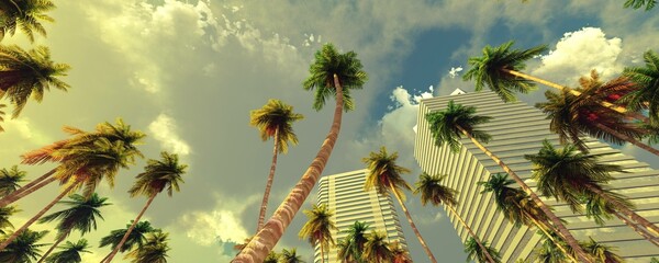 Skyscrapers with palm trees against a sky with clouds, 3D rendering