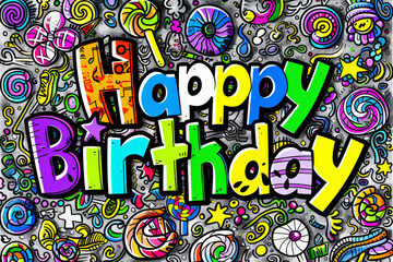 A birthday card featuring vibrant colors and the words Happy Birthday written in bold letters