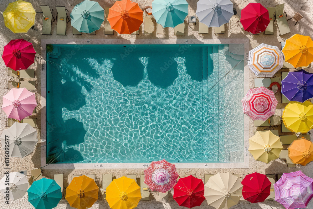 Poster A pool surrounded by vibrant umbrellas, creating a colorful scene from above