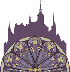 blooming iris flowers creating natural art nouveau style fan decor and fairy tale princess castle vector springtime design