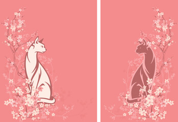 beautiful elegant cat sitting among blooming cherry tree branches - cute pet animal and sakura flowers vector copy space design set