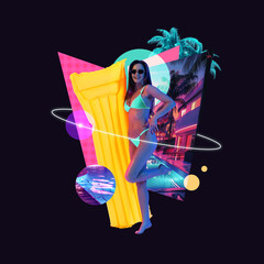 Contemporary art collage. Young slim woman in swimsuit and sunglasses posing with air-matrass against black background. Concept of summer vibe, party, Friday mood, music. Abstract neon elements.