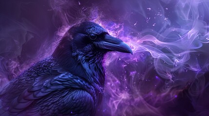 Naklejka premium Close-up of a black raven shrouded in smoke, looking spooky and horrifying.