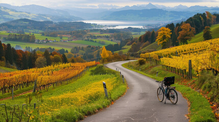 A bicycle is parked on the side of a road that runs alongside lush vineyards. The sunlight casts a...