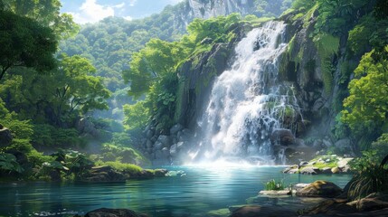 A majestic waterfall cascading into a clear pool surrounded by lush greenery