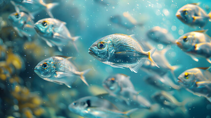 Naklejka premium A Captivating Close Up of Synchronized School of Fish Swimming in Ocean Waters Ideal for Marine Life and Underwater Themes