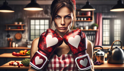 Woman in kitchen with love heart boxing gloves