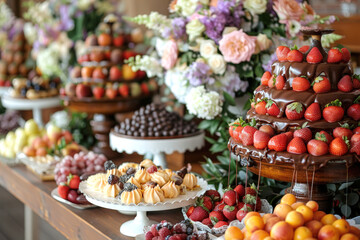 Fototapeta na wymiar An elegant dessert table at a wedding reception featuring a cascading chocolate fountain, surrounded by fresh fruits and pastries.