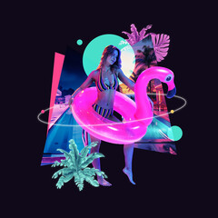 Contemporary art collage. Charming young woman going to swim with flamingo lifebuoy against black...