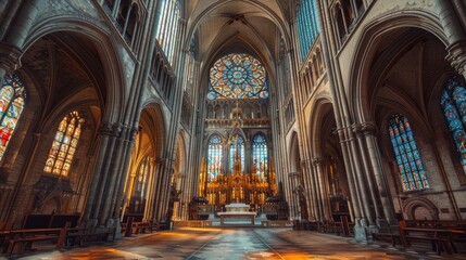 Fototapeta premium A majestic cathedral interior with intricate stained glass windows and high arches
